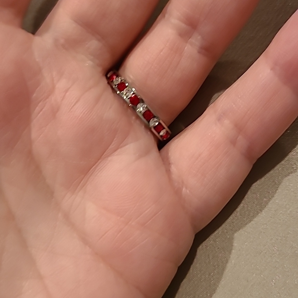 Channel set red and clear stones cubic zirconia stainless steel eternity ring - Picture 3 of 9